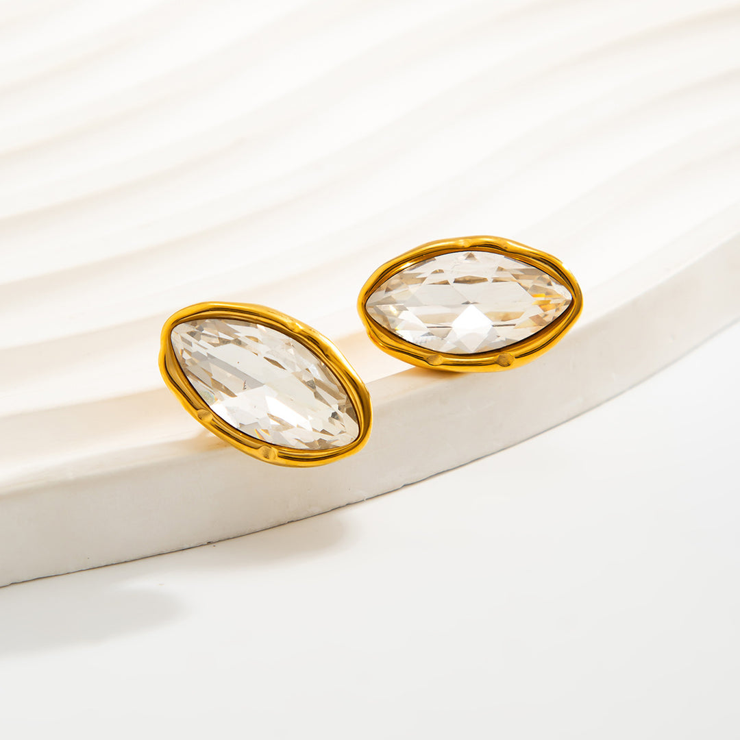 Irregular Wavy Marquise Diamond Stud Earrings, Vintage Gold-Plated Commuter Oval Diamond Earrings