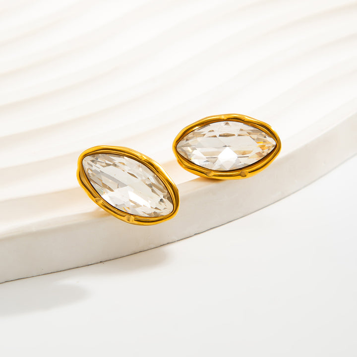 Irregular Wavy Marquise Diamond Stud Earrings, Vintage Gold-Plated Commuter Oval Diamond Earrings