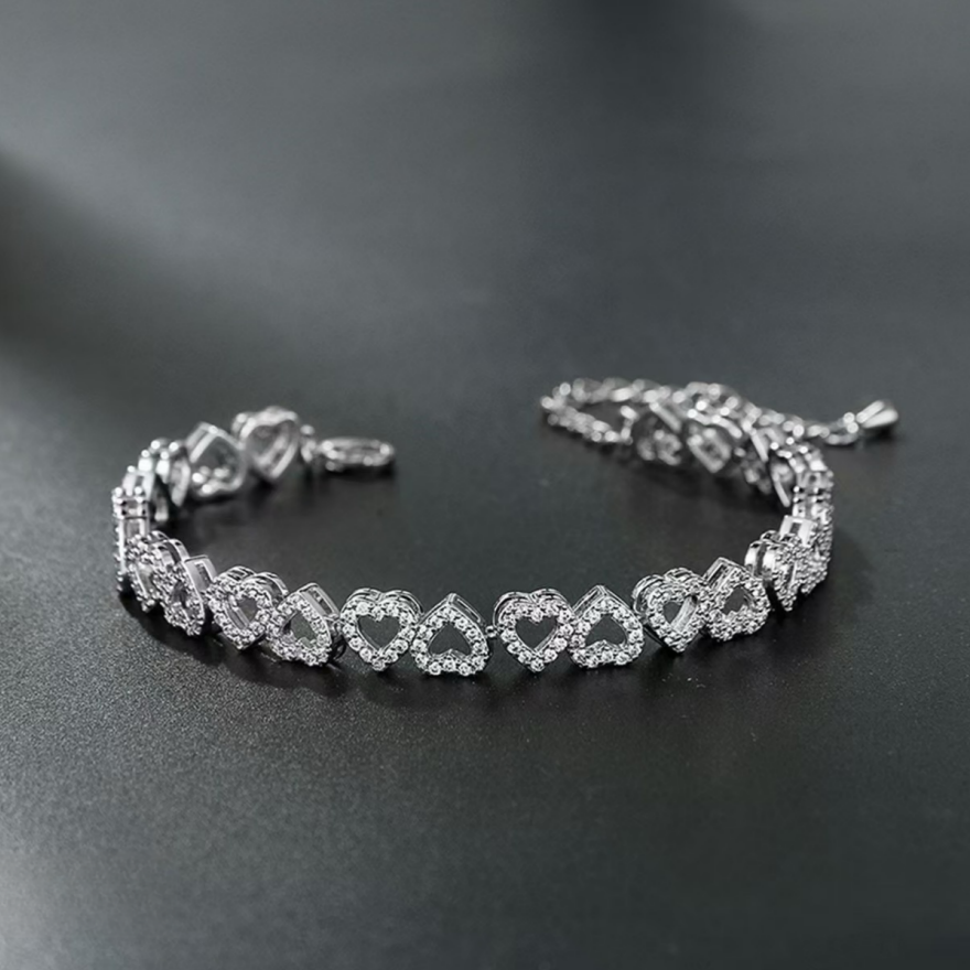 Heart Pavé Tennis Bracelet (3 Tone Delicate Romantic Bangle)