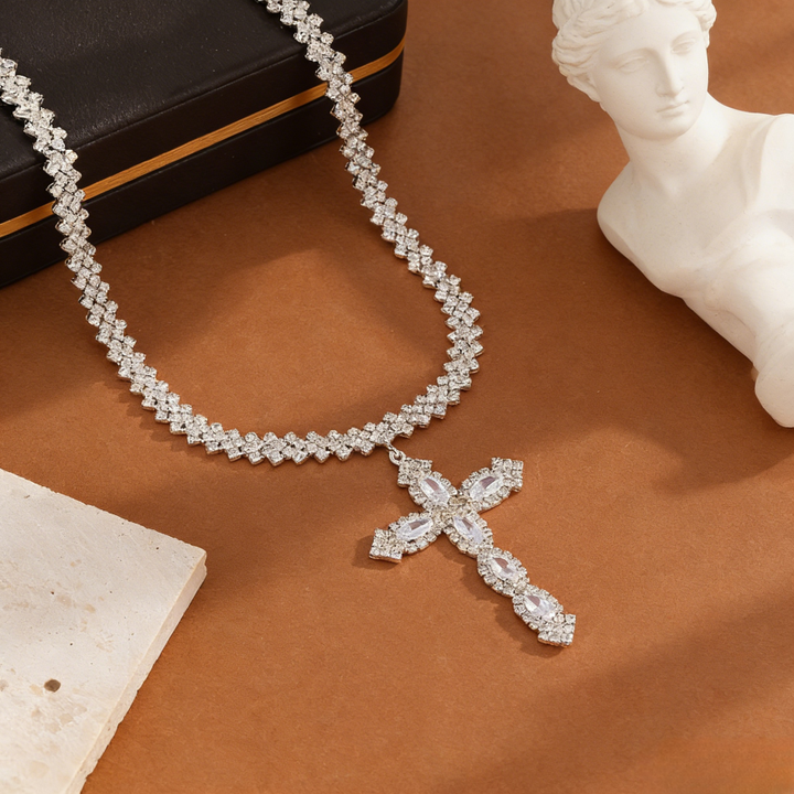 Full-Pavé Cross Pendant V-Shape Tennis Chain Necklace (Silver Tone Evening Jewelry)
