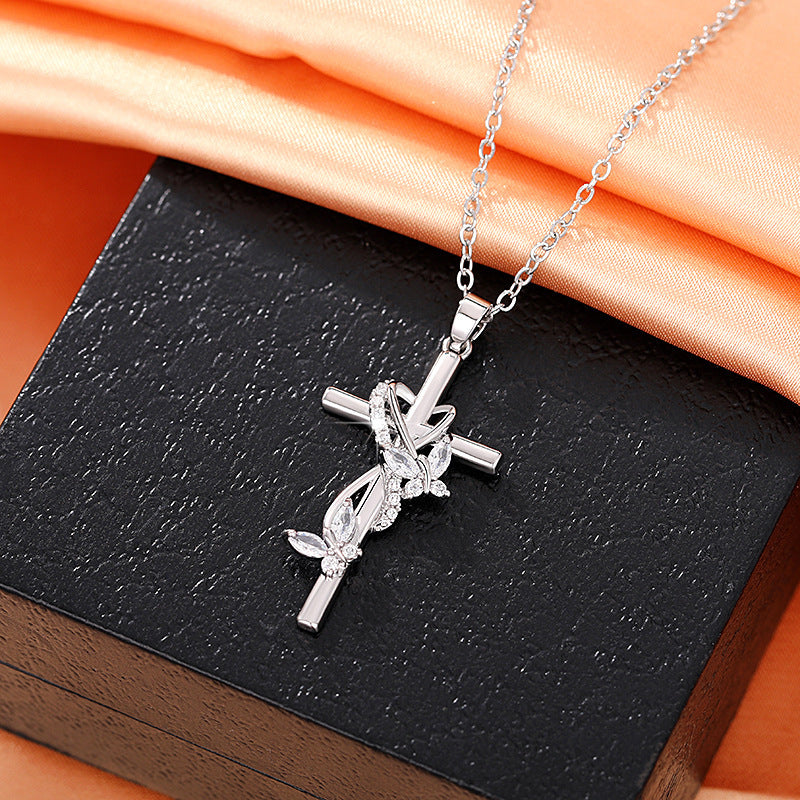 Heart Wrapped Butterfly Cross Necklace, Multiple Colors Available
