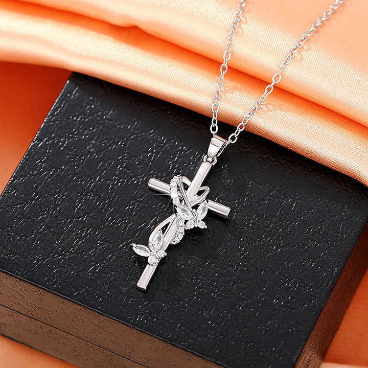 Heart Wrapped Butterfly Cross Necklace, Multiple Colors Available