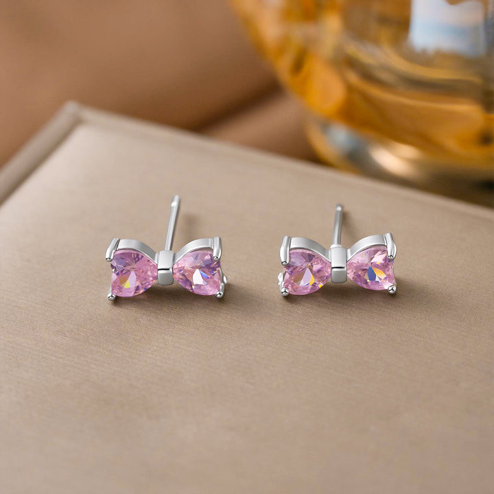 Pink Heart Diamond Bow Jewelry Set, S925 Silver Sweet Girly 3-Piece Necklace Earring Ring Kit