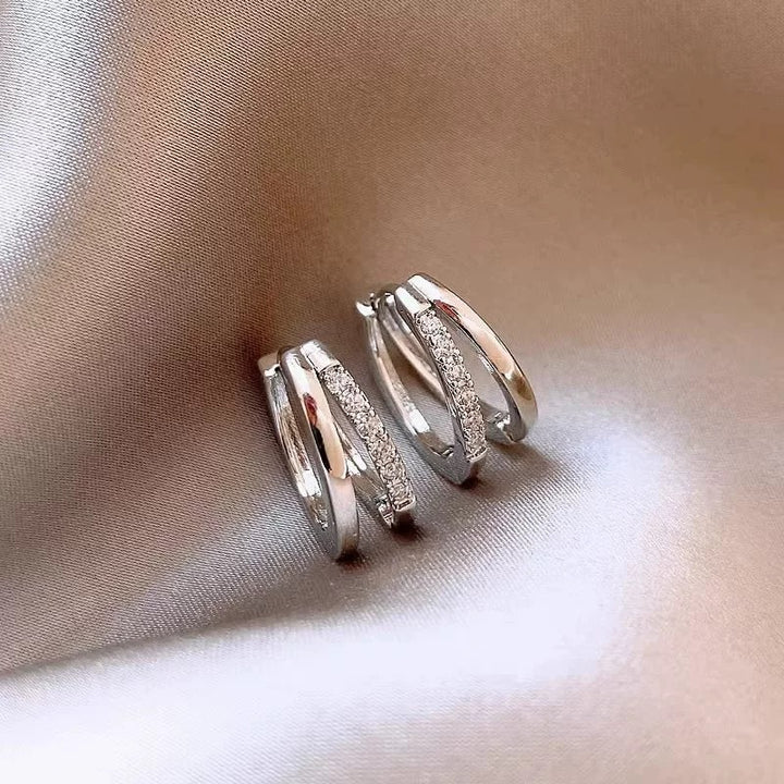 S925 Silver Double Layer Intertwined Diamond Hoop Earrings, Minimalist Luxury Cross Diamond Huggie Hoops