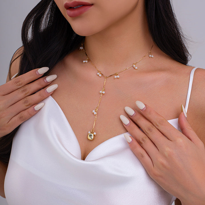 Dangling Pearl Y-Shaped Clavicle Necklace, Soft Multi Cluster Pearl Long Thin Chain