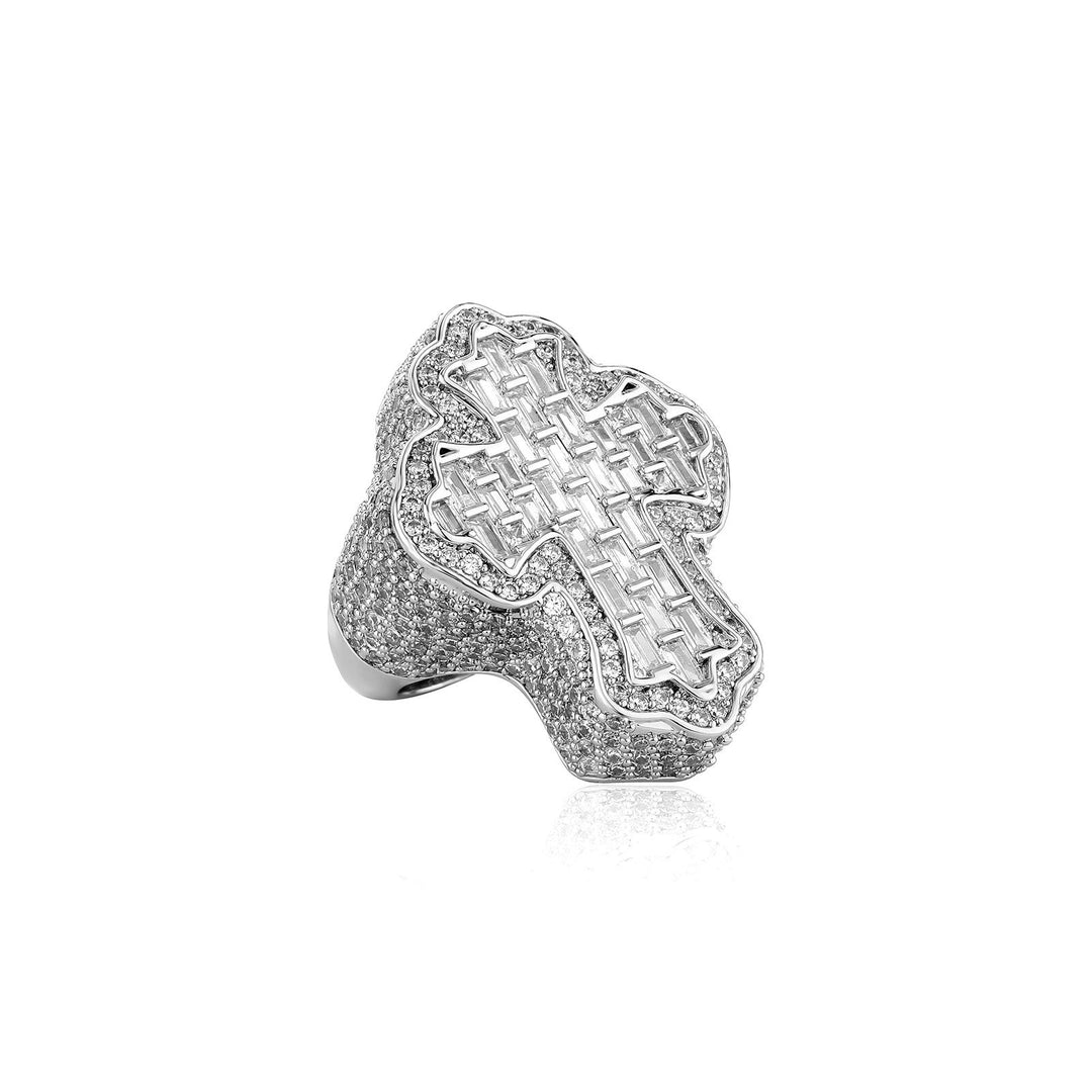 Heavy Iced Baguette Cross Hip Hop Ring, S925 Silver 14K Gold Plated Western Rap Unisex Wide Band, Gold & Silver Two Tones