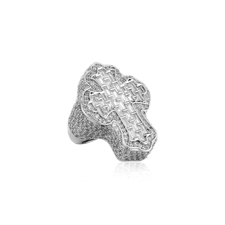 Heavy Iced Baguette Cross Hip Hop Ring, S925 Silver 14K Gold Plated Western Rap Unisex Wide Band, Gold & Silver Two Tones