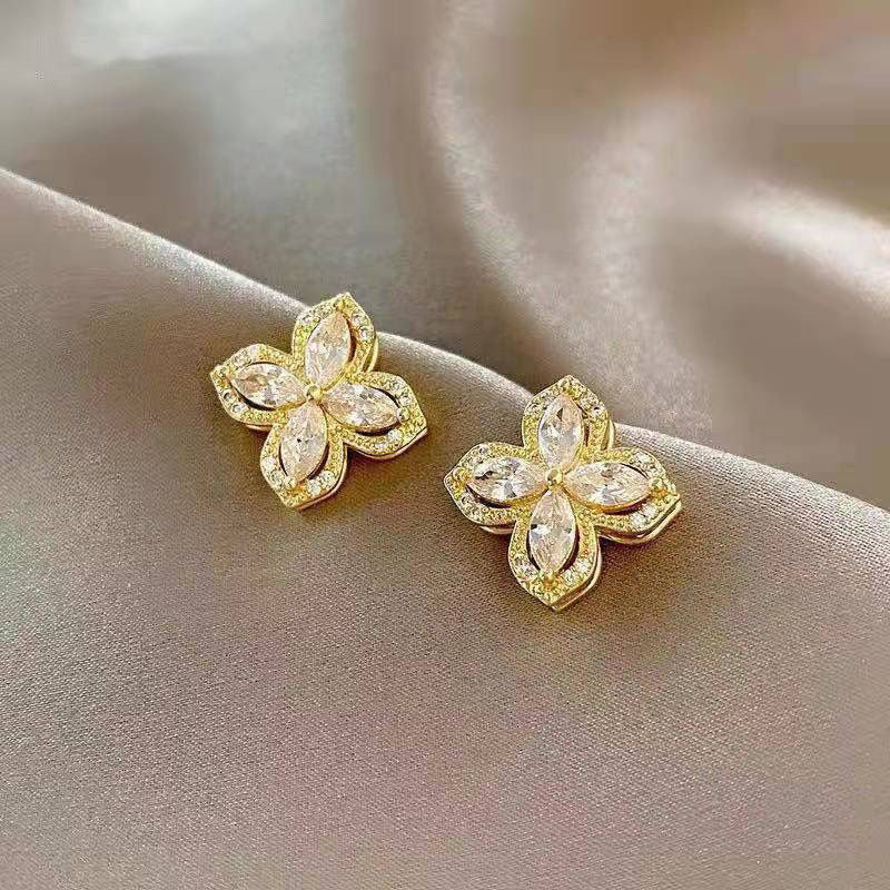 Double Layer Clover Marquise Diamond Jewelry Set, Necklace Earring Ring Luxury Gold Floral Jewelry 3Pcs Set