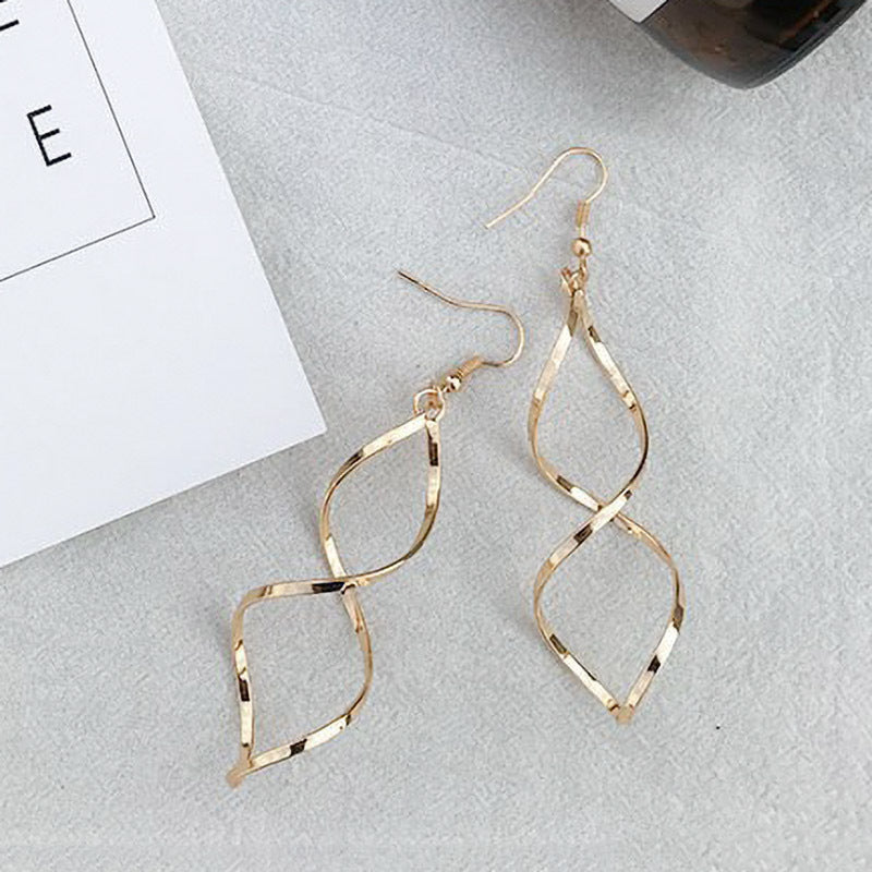 Twisted Rhombus Long Hook Earrings, Geometric Spiral Hollow Drop Earrings, Gold & Silver Tone S925 Silver Face Slimming Earrings