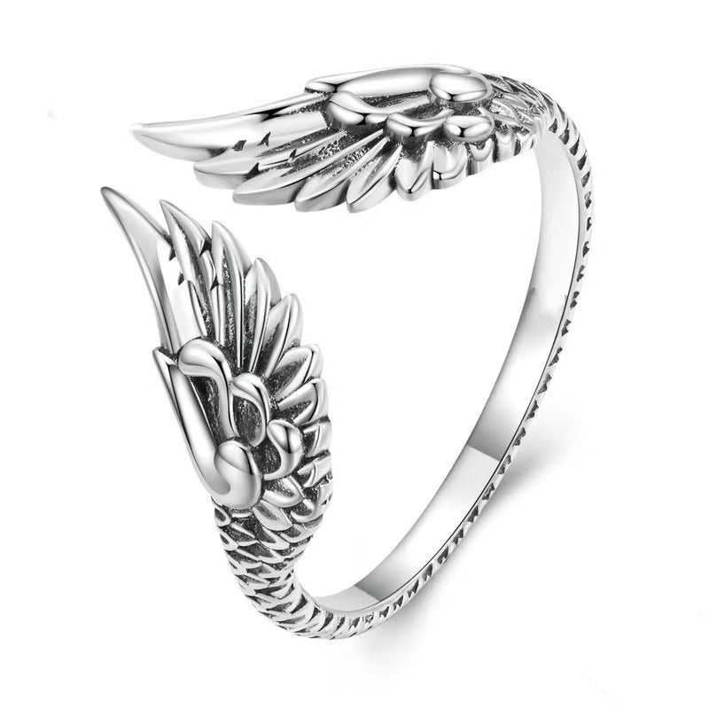 S925 Silver Vintage Dual Angel Wing Open Ring, Antique‑Finish Adjustable Feather Band