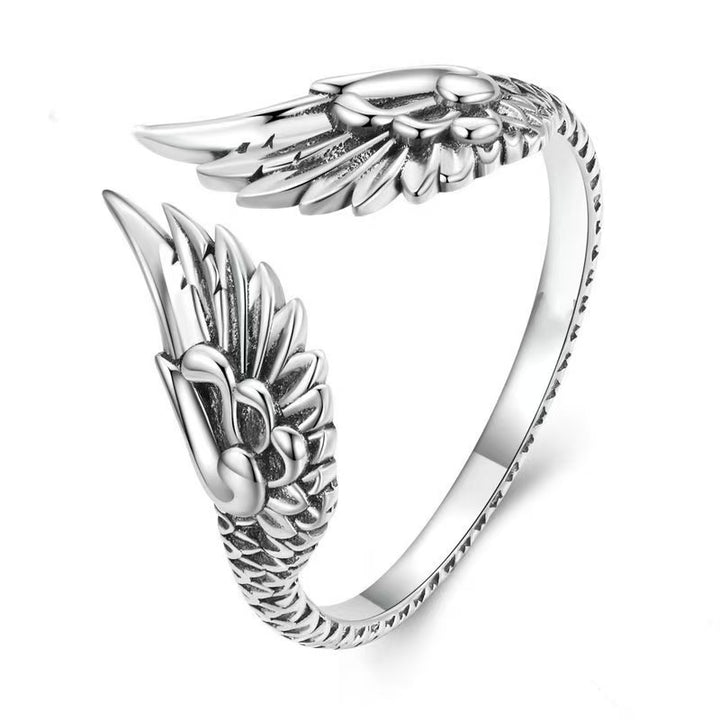 S925 Silver Vintage Dual Angel Wing Open Ring, Antique‑Finish Adjustable Feather Band