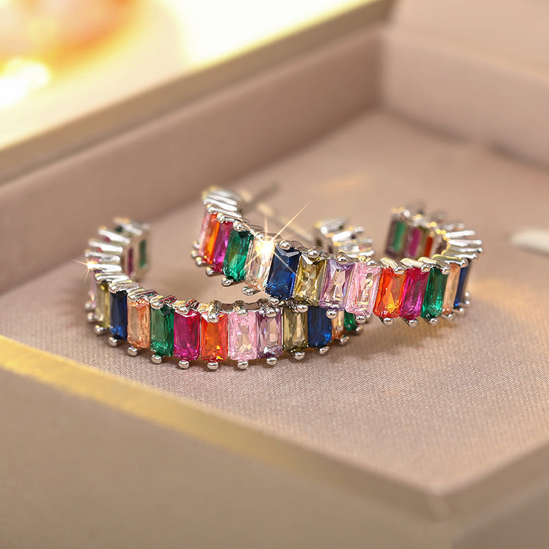 Rainbow Baguette Diamond Curved Stud Earrings (Silver Luxury Women's Earrings)