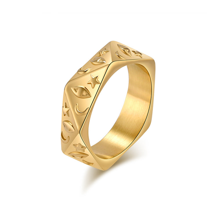 Polygonal 3D Sun Moon Star Embossed Ring, S925 Silver Gold / Silver / Black Trendy Unisex Band