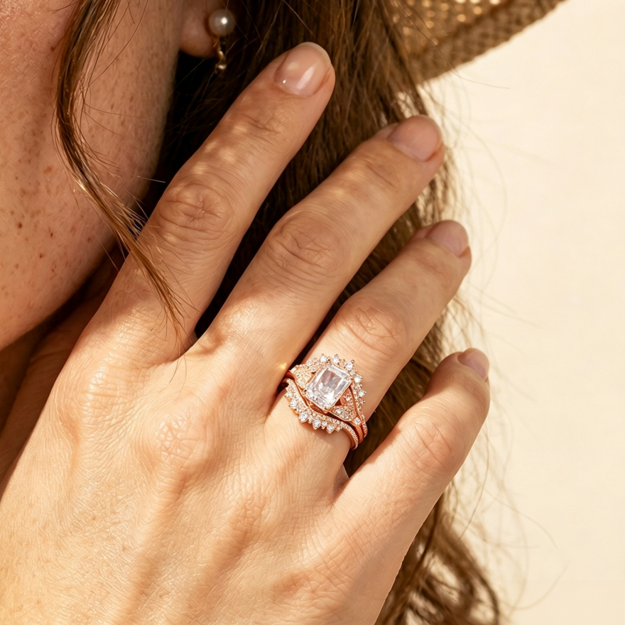 Rose‑Gold Square‑Cut Stackable Engagement Ring Set