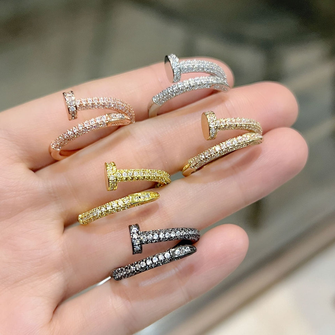 Full Pave Open Nail Shape Ring, Multi-Tone Plated Luxury Spiral Crystal Band