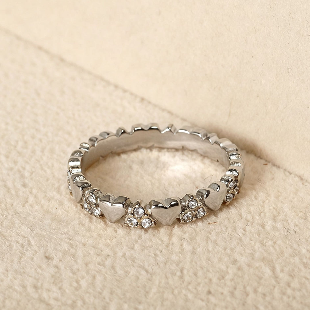 Full Row 3D Heart Paved Diamond Thin Ring, Sweet Girlish Heart Diamond Stackable Band, Gold & Silver Two-Tone Ring for Women