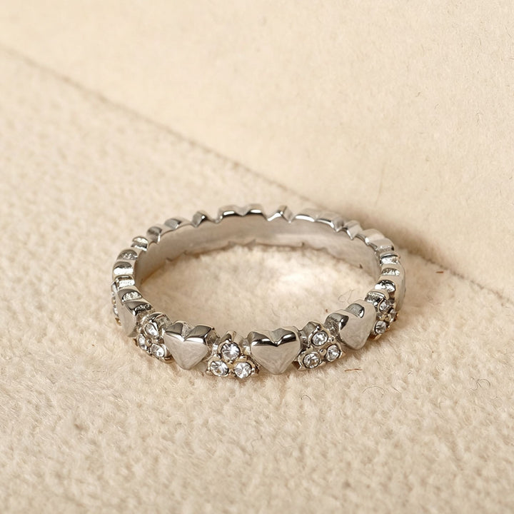 Full Row 3D Heart Paved Diamond Thin Ring, Sweet Girlish Heart Diamond Stackable Band, Gold & Silver Two-Tone Ring for Women