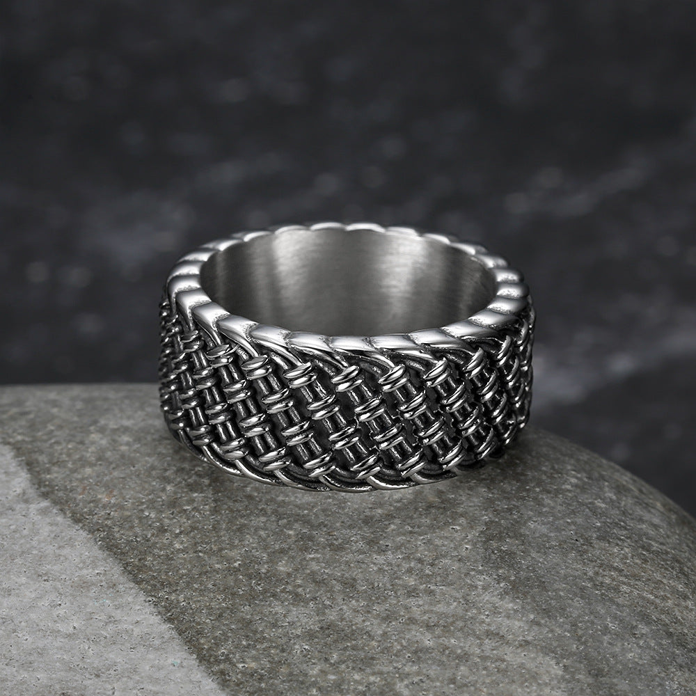 Vintage 3D Woven Texture Wide Band Ring, S925 Silver Silver & Gold Two-Tone Unisex Ring