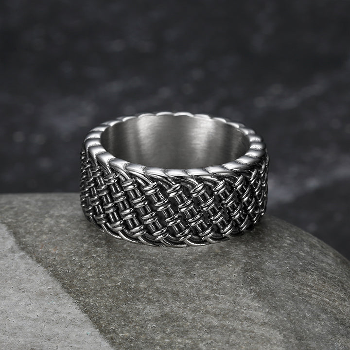 Vintage 3D Woven Texture Wide Band Ring, S925 Silver Silver & Gold Two-Tone Unisex Ring