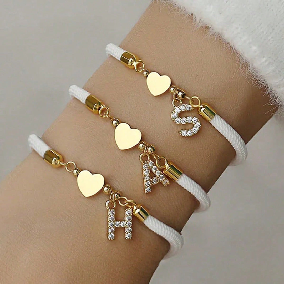 Rhinestone Letter & Heart Adjustable Rope Bracelet, Custom 26 Alphabet Couple Braided Wristband, 3 Colors Available