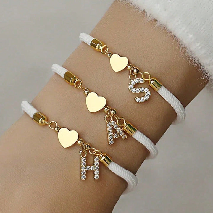 Rhinestone Letter & Heart Adjustable Rope Bracelet, Custom 26 Alphabet Couple Braided Wristband, 3 Colors Available