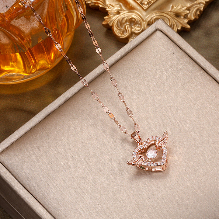 Angel Wing Heart S925 Silver Necklace, Gold Silver Rose Gold Three-Tone Hollow Heart Pendant Choker, Romantic Diamond Ladies Necklace