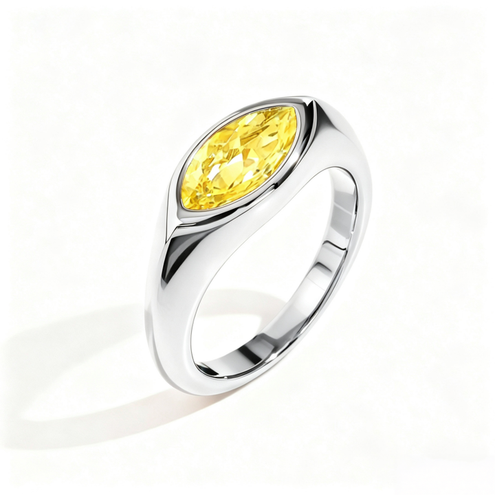Marquise‑Cut Colored Gemstone Bezel‑Set Wide‑Band Gold‑Plated S925 Sterling Silver Ring, Multi‑Colors Available