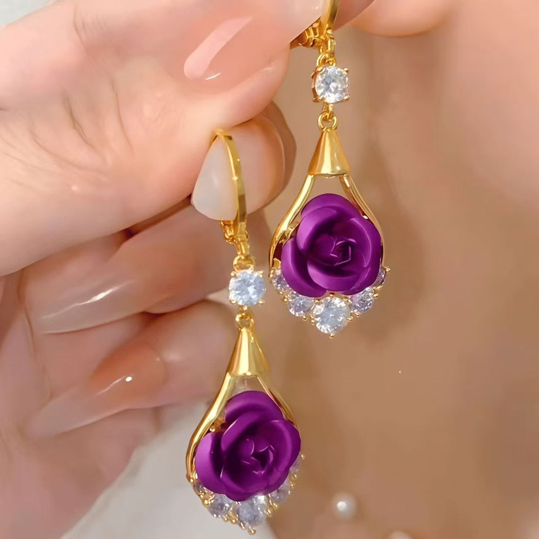 925 Sterling Silver Red, Blue & Purple Rose Earrings