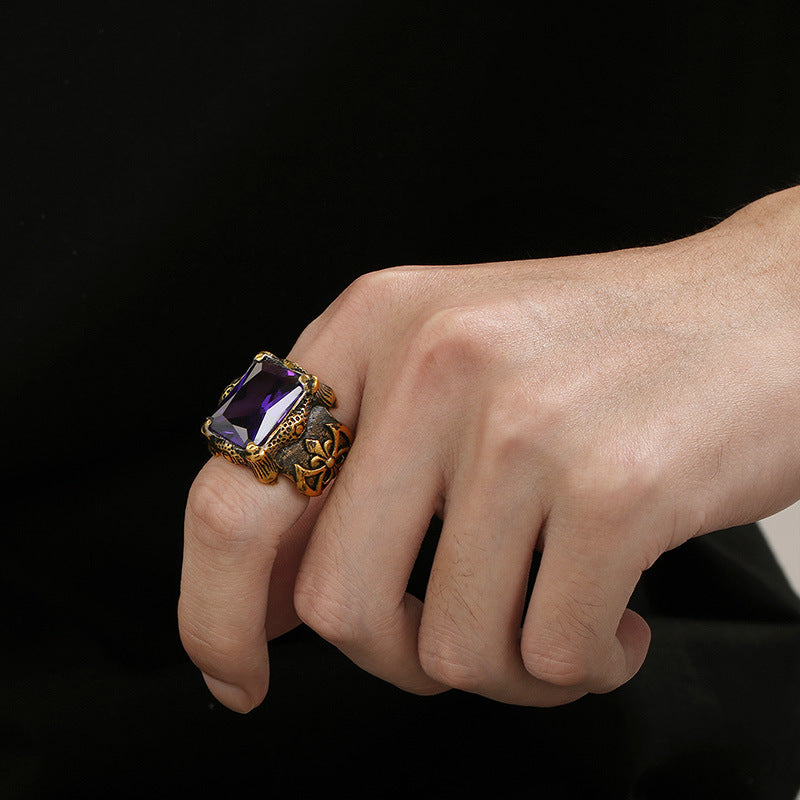 Vintage Embossed Square Stone Ring (Men's Dark Luxury Style)