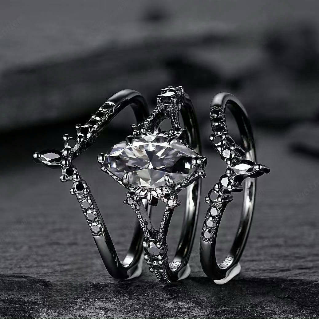 Black Gold Colored Diamond Triple Layer Stackable Ring (Dark Luxury Glamorous Style)