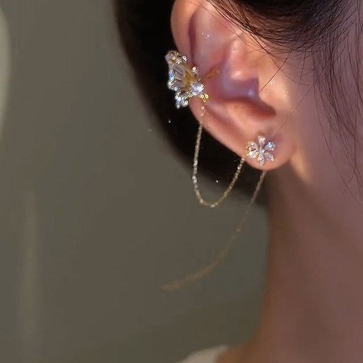 14K Gold Minimalist Butterfly & Flower Ear Cuff Chain