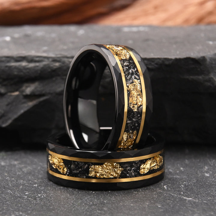 Tungsten Carbide Couple Rings – Hammered Black Rings with Meteorite Inlay