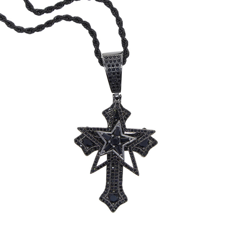 Hip-Hop Rotatable Pentagram Cross Zircon Pendant Necklace