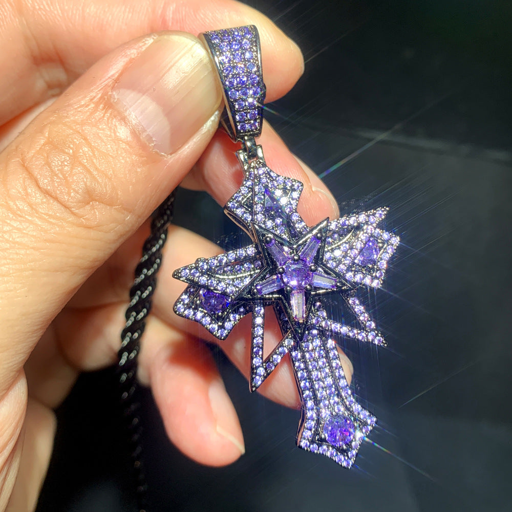 Hip-Hop Rotatable Pentagram Cross Zircon Pendant Necklace