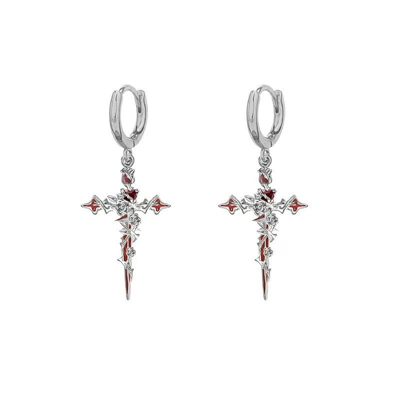 Gothic Fallen Angel Cross Earrings & Necklace Set with Red Heart and Rose – Silver Design