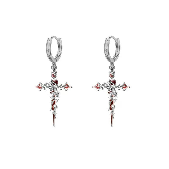 Gothic Fallen Angel Cross Earrings & Necklace Set with Red Heart and Rose – Silver Design