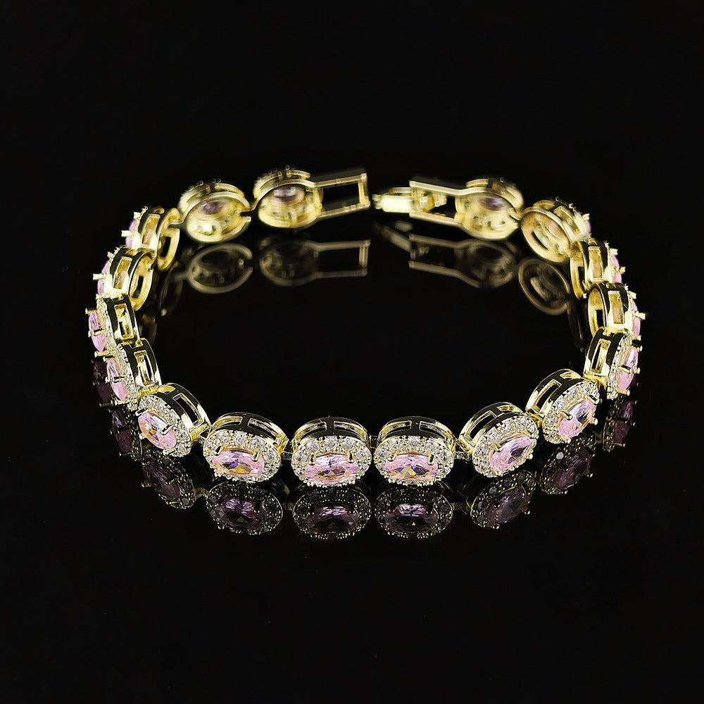 Multi-Color Oval Colored Gem Full-Diamond Bracelet