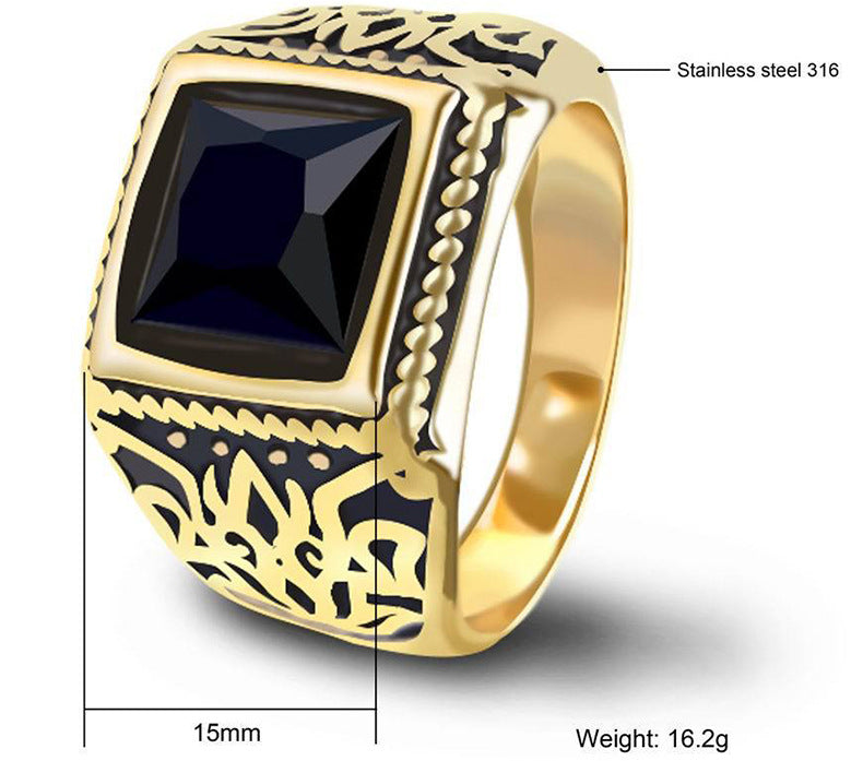 Titanium Steel Plated 18K Gold Carved Black Gem Retro Ring