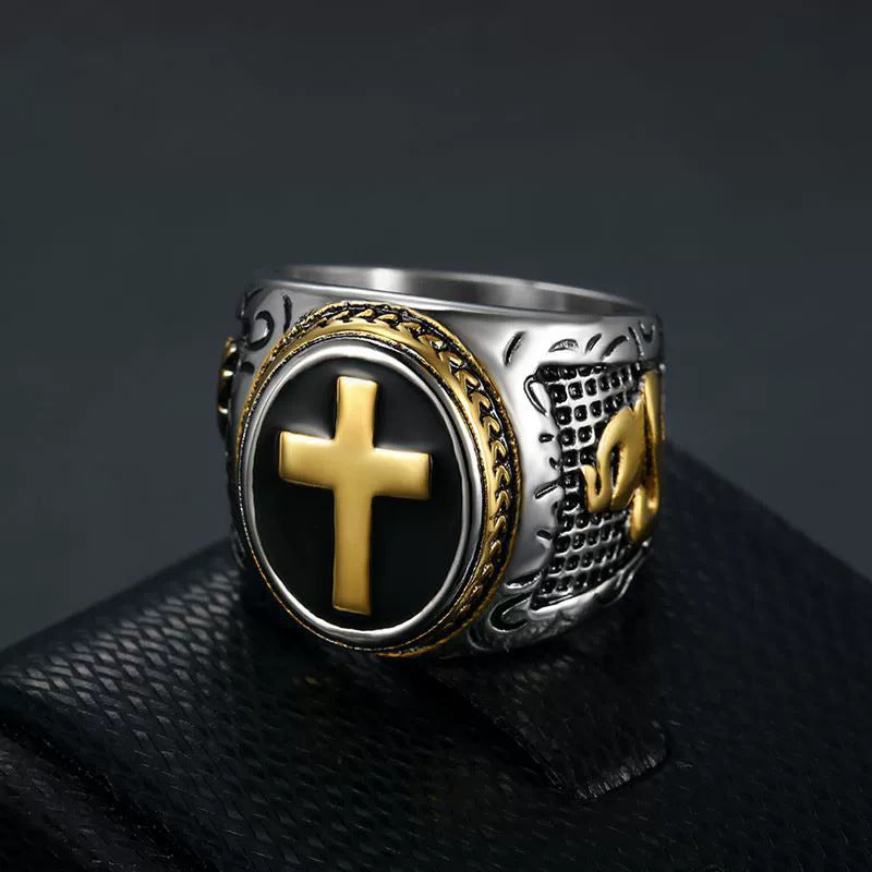 Titanium Steel Cross Pattern Carved Ring (Christian Cultural Retro Style)