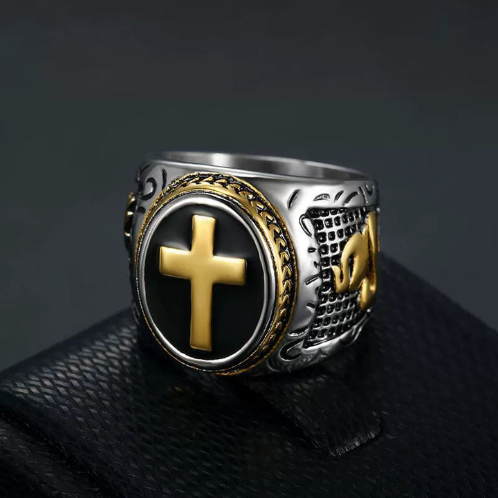 Titanium Steel Cross Pattern Carved Ring (Christian Cultural Retro Style)
