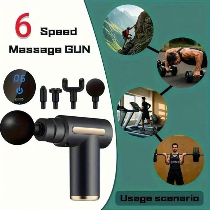 Mini Portable Massage Gun, Multi-Speed Electric Muscle Massager with 4 Interchangeable Heads for Sports & Home Use