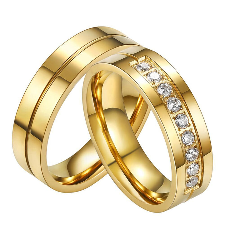 Gold-Plated Diamond-Inlaid Couple Rings (Light Luxury Minimalist Marriage Style)