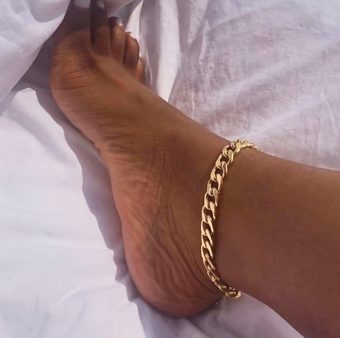 Thick Cuban Link Anklet, Gold & Silver Two Tone Minimal Adjustable Titanium Steel Ankle Bracelet