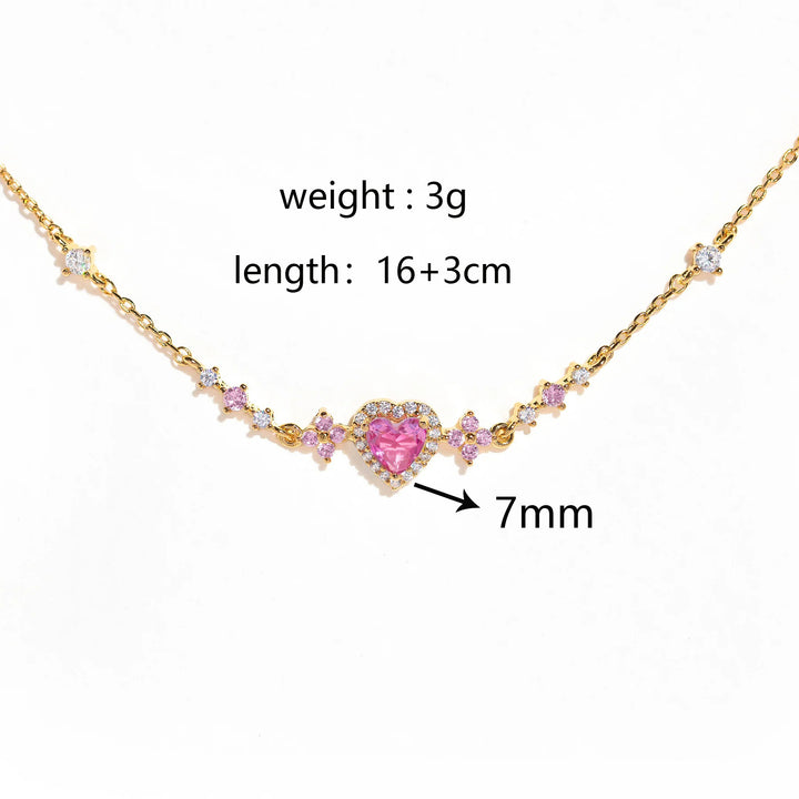 S925 Silver Pink Heart Diamond Choker, Sweet Floral Pink Diamond Necklace for Women, Gold & Silver Two Tones