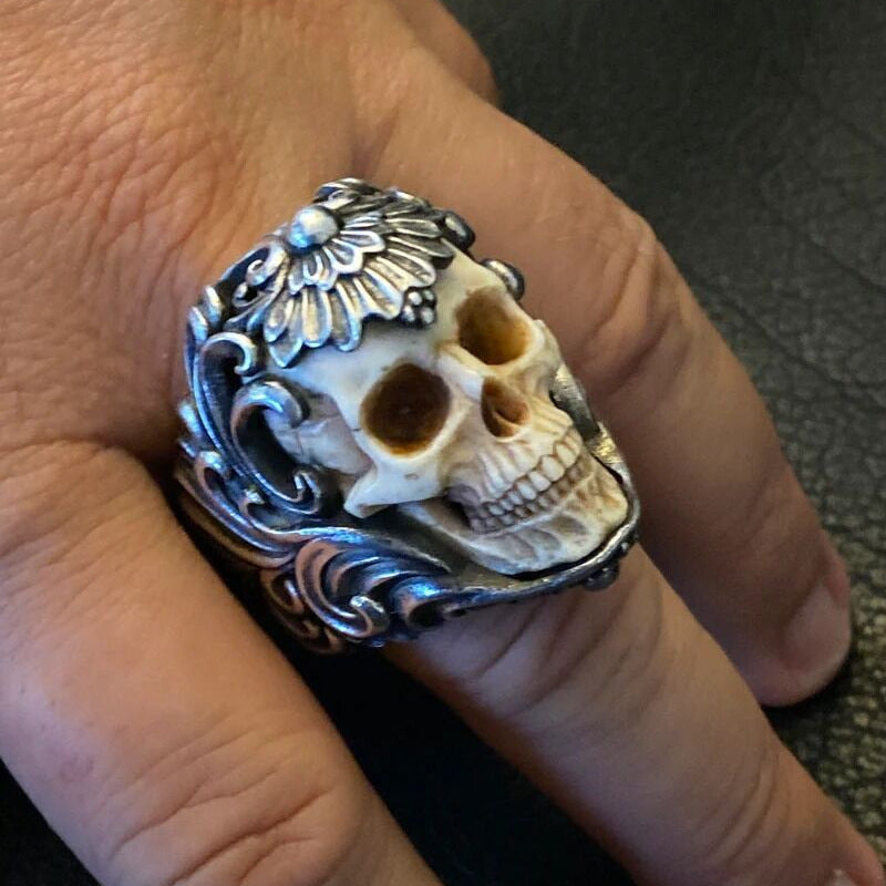 Vintage Baroque Scroll & Lotus Bone Carved Skull Wide Ring, S925 Silver Antiqued Gothic Embossed Men’s Band