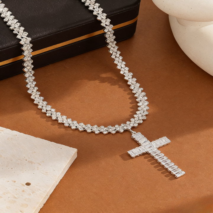 Full-Pavé Cross Pendant V-Shape Tennis Chain Necklace (Silver Tone Evening Jewelry)