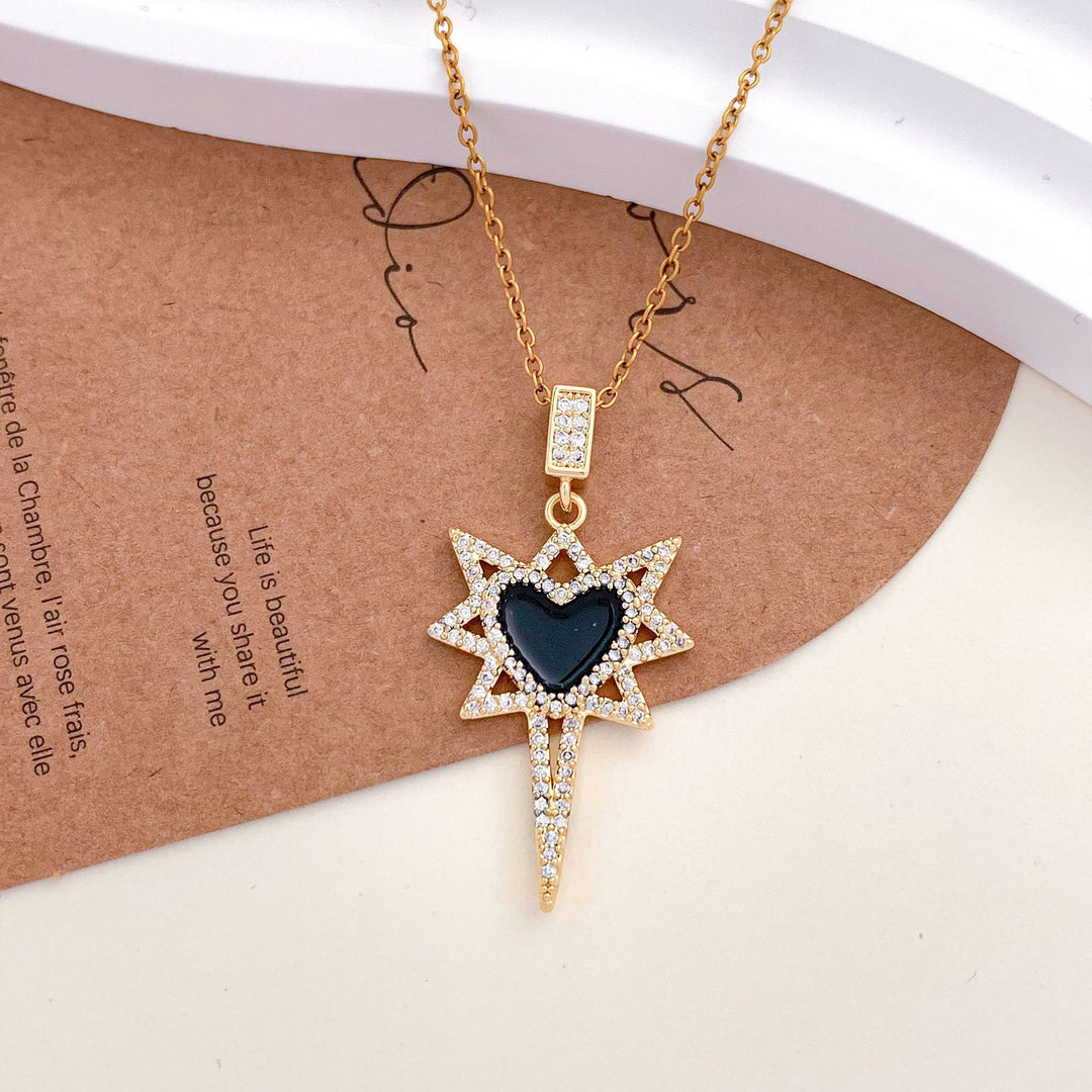 Black Gold Enamel Octagram Pave Diamond Collarbone Necklace, 2 Styles Sweet Cool Heart Star Y2K Niche Minimal Jewelry