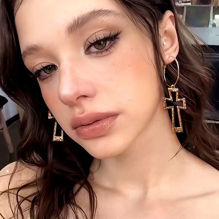 Hammered Hollow Cross Hoop Earrings, Vintage Textured Cross Charm Thin Click Hoops, Gold & Silver Punk Street Jewelry for Women