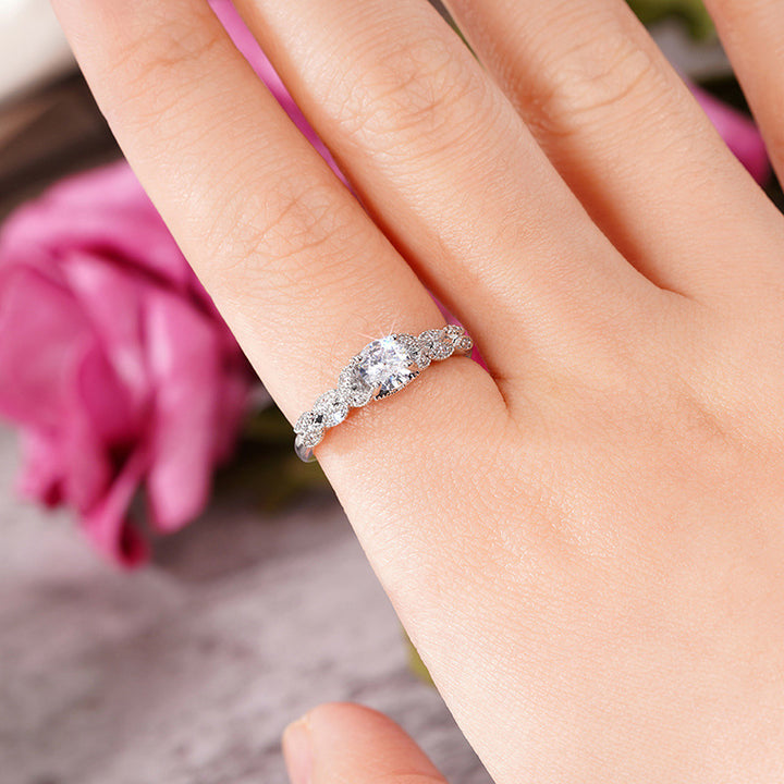 Four‑Prong Main Stone Leaf‑Shaped Pave Silver Ring, Multi‑Color Options