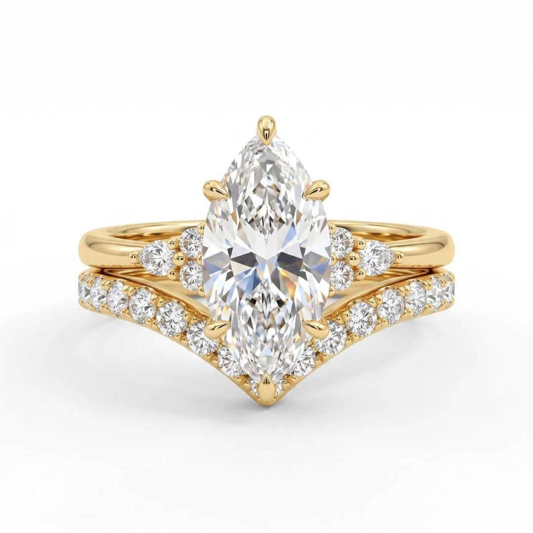 Marquise Main Stone V-shaped Paved Diamond Ring Set, Luxury Two Stackable Diamond Rings, Gold & Silver Two Tones Available